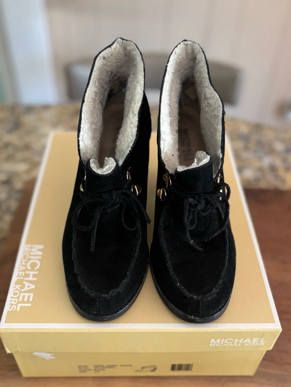 Michael Kors Black Suede Shearling-Lined Lace-Up Ankle Boots